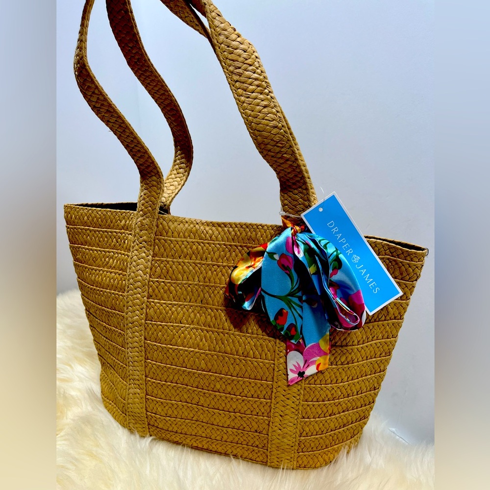 Drapper James Neutral Straw Every Day Tote w Cotton Lining w Zip Pocket & Twilly